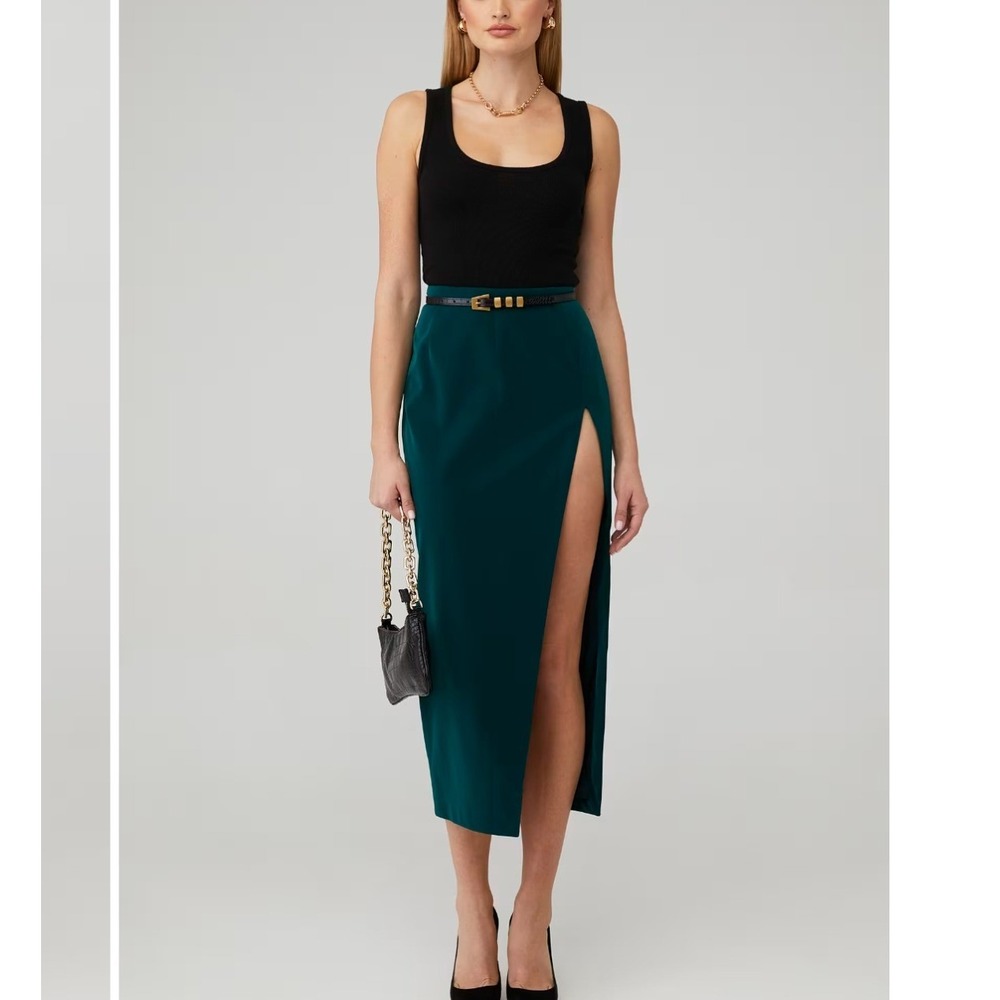 Lamarque Jay Maxi Sueded Faux Leather Skirt Dark Jade Green High Slit Small
